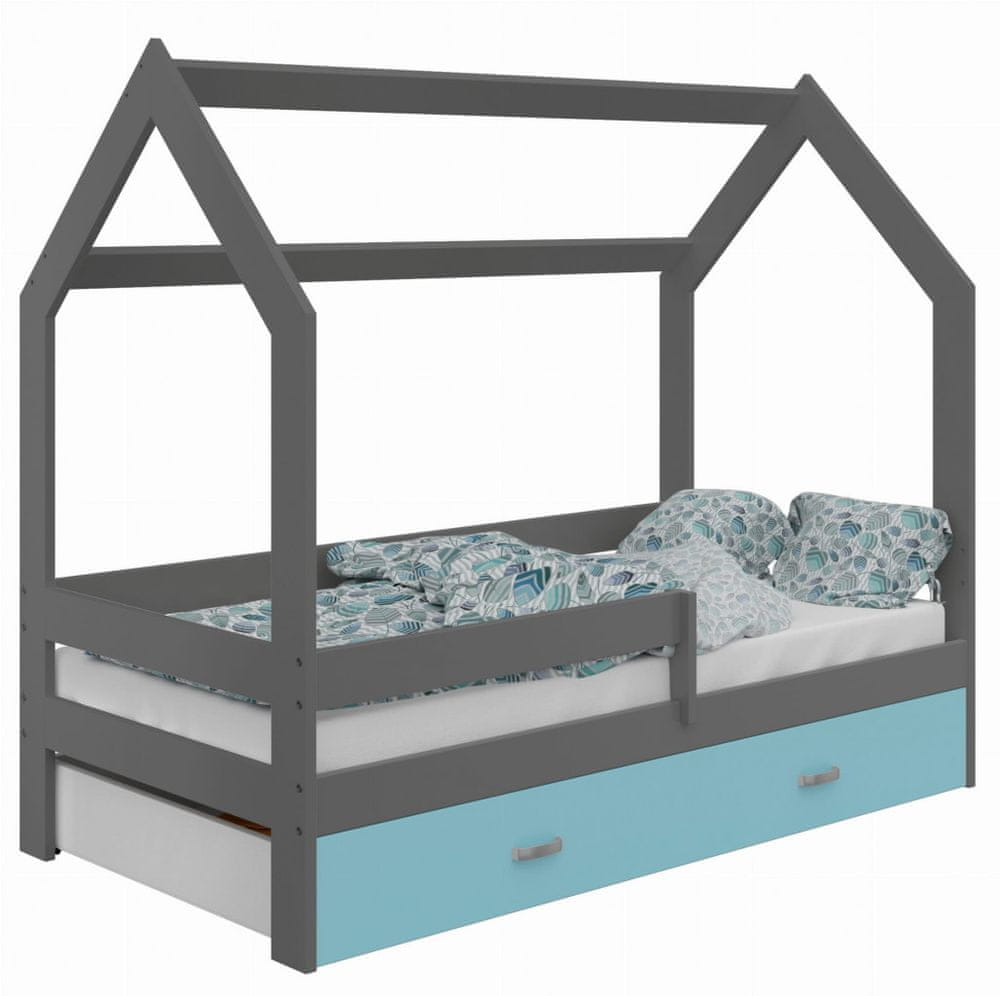 eoshop Detská posteľ Domček 80x160 cm D3, rošt ZADARMO - sivá, úlož. jednoducho: modrá, matracu: s matracom